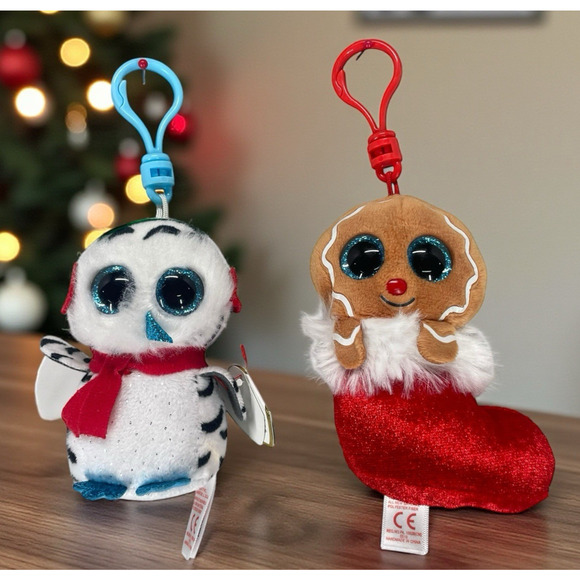 TY Christmas Plush Backpack Clip Lot of 2 JINGLY Gingerbread Man & Nester Owl - Picture 1 of 5